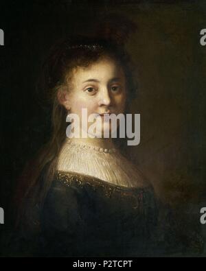 'Portrait of Saskia van Uylenborch', 1634-1699, Oil on canvas, 91 x 80,4 cm. Author: Rembrandt (1606-1669). Location: MUSEO LAZARO GALDIANO-COLECCION, MADRID, SPAIN. Stock Photo