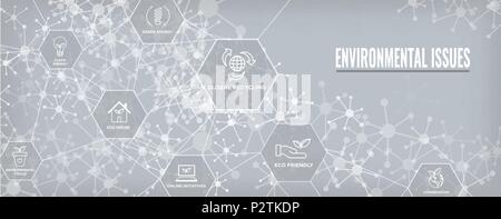 Environmental issues header web banner w recycling, etc icon set Stock Vector