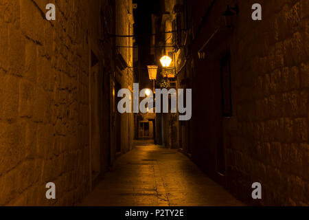 Trogir, Croatia - 2017-07-19, Beautiful old city at night. Nice stone buidlings and architecture.
