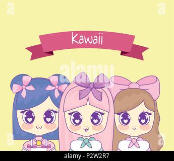 group of cute kawaii girls with ribbon vector illustration design Stock Vector