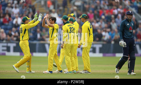 Australia's Jhye Richardson (second left) celebrates after taking the wicket of England's Alex Hales (right) during the One Day International match at the SSE SWALEC Stadium, Cardiff. Stock Photo