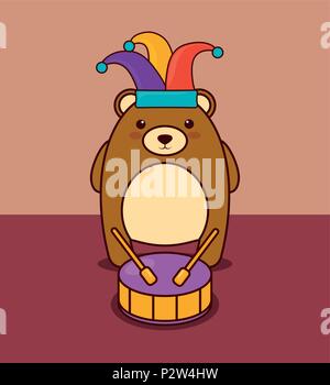 cute bear with jester hat and drum over brown background, colorful design. vector illustration Stock Vector