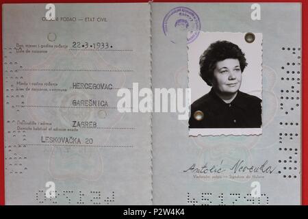 Yugoslavia passport issued circa 1980 to female citizen Antolic Nevenka. Predates the civil war and separation into five new states in 1991/1992. Stock Photo