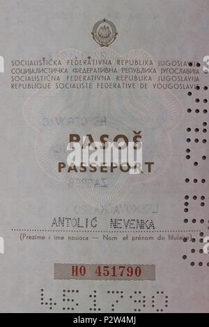 Yugoslavia passport issued circa 1980 to female citizen Antolic Nevenka. Predates the civil war and separation into five new states in 1991/1992. Stock Photo