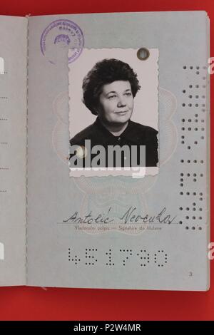 Yugoslavia passport issued circa 1980 to female citizen Antolic Nevenka. Predates the civil war and separation into five new states in 1991/1992. Stock Photo