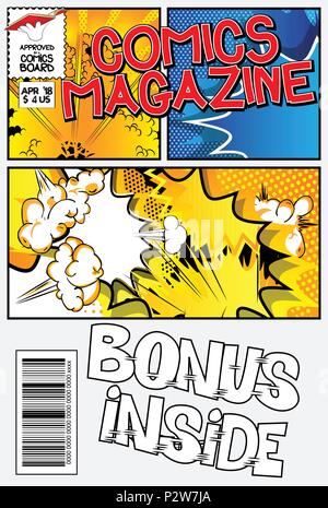 Editable comic book cover with abstract explosion background. Stock Vector