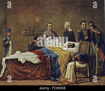 Simon Bolivar (1783-1830) dying.. He was a South American revolutionary leader and initiated the independance of several Latin countries such as Venezuela, Colombia or Peru.. Madrid, Institute for Latin American Cooperation. Spain. Location: INSTITUTO DE COOPERACION IBEROAMERICANA, MADRID, SPAIN. Stock Photo