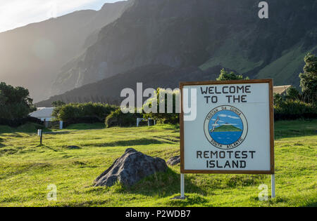 Sign 'Welcome to the Remotest Island' at Tristan da Cunha, British Overseas Territories, South Atlantic Ocean Stock Photo