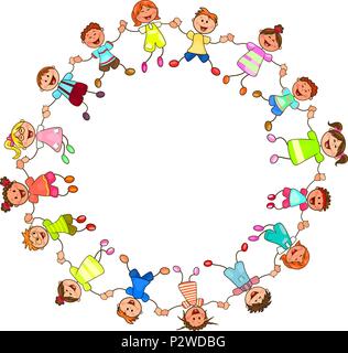 Children are holding each other's hands. Group of cheerful, smiling children holding hands in a circle. Cartoon of joyful children. Stock Vector