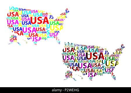 Sketch United States of America letter text map, USA - in the shape of the continent, Map of  USA - color vector illustration Stock Vector