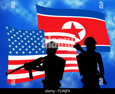 North Korea Military And Flag 3d Illustration. Korean Infantry Mission Or Battle Force Combat For Conflict By NK Stock Photo