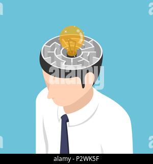 Flat 3d isometric light Bulb of idea is in the center of maze inside businessman head. Idea concept. Stock Vector