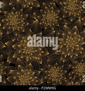 Seamless vector floral abstract golden luxury pattern. Golden flowers on black background. Stock Vector