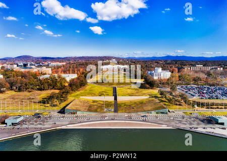 Government distrinct and parliament triangle in Canberra city on shores of lake Burley Griffin from waterfront to capitol hill with surrounding museum Stock Photo