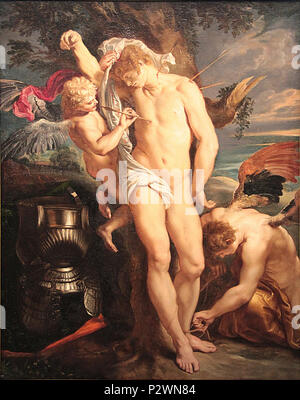 Saint Sébastien sauvé par les anges, huile sur toile réalisée après 1604,  Pierre Paul Rubens (1577-1640) ? - Œuvre faisant partie de la collection Schoeppler (Allemagne) prêtée à long terme au musée Rubenshuis d'Anvers. Photographie réalisée lors de l'exposition temporaire l'Europe de Rubens - Musée du Louvre (Lens) . 0 Saint SA9bastien secouru par les anges - Pierre Paul Rubens (1) Stock Photo