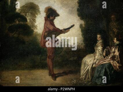 The Enchanter - 1712 - 185x255 cm - oil on copper. Author: Jean Antoine Watteau (1684-1721). Location: MUSEUM OF FINE ARTS, TROYES, FRANCE. Also known as: EL ENCANTADOR. Stock Photo