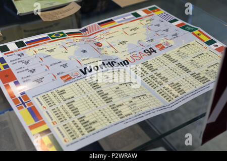 St. Petersburg, Russia - June 7, 2018: Schedule of FIFA World Cup USA 1994 in the exhibition 'Goal!!! FIFA World Cups history' in the National Library Stock Photo