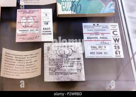 St. Petersburg, Russia - June 7, 2018: Tickets of FIFA World Cup 1966 in the exhibition "Goal!!! FIFA World Cups history" in the National Library of R Stock Photo