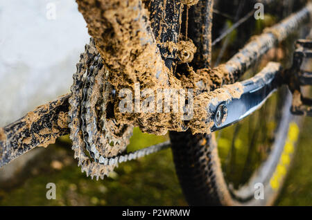 Bottom Bracket Area of Dirty Mountain Bike After the Race Stock Photo