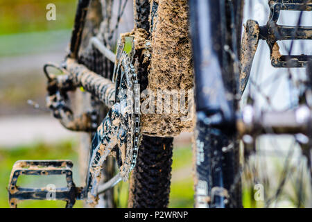 Bottom Bracket Area of Dirty Mountain Bike After the Race Stock Photo