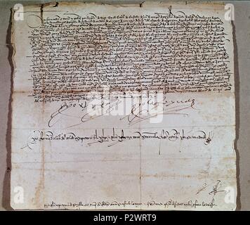 Privilege granted to Juan Ponce de Leon by the Catholic Kings of Spain. 1493. Madrid, National Historical Archives. Location: ARCHIVO HISTORICO NACIONAL-COLECCION, MADRID, SPAIN. Stock Photo