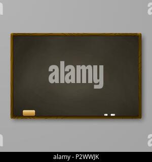 Brown chalkboard on gray wall. Blackboard with chalk and eraser. Vector illustration Stock Vector