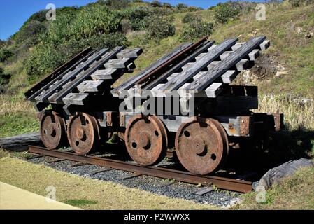 Relic of old train wheels on railroad. Rusted rail wheels on railway track. Stock Photo