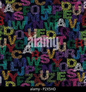 Doodle alphabet seamless pattern on black background. EPS 10 Stock Vector