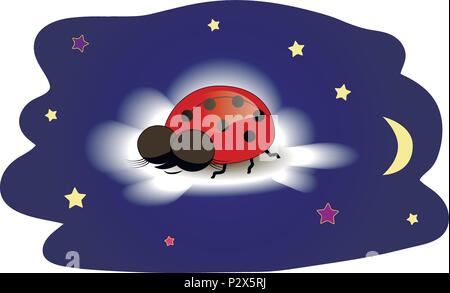 Ladybug sleeping on a cloud at night Stock Vector