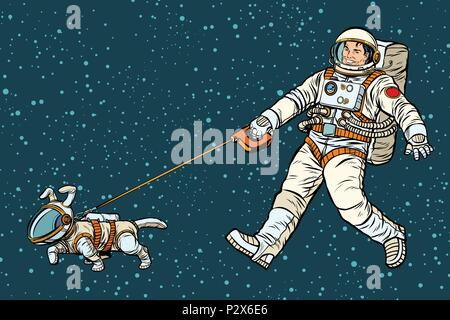 astronaut walking dog in a space suit Stock Vector