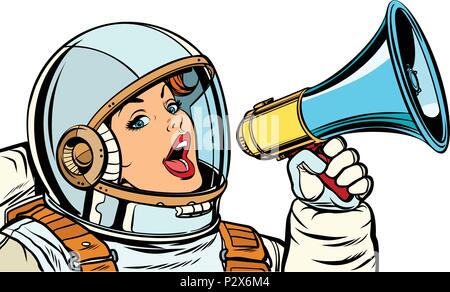 woman astronaut with megaphone isolate on white background Stock Vector