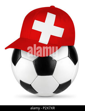 Classic black white leather soccer ball with swiss baseball fan cap isolated background sport football concept Stock Photo