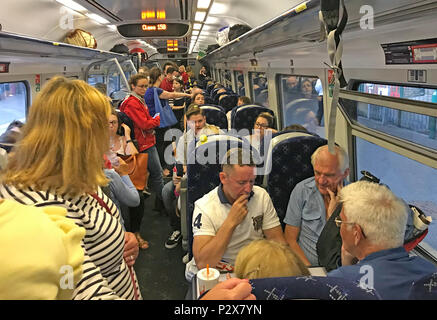 Busy, Overcrowded Scotrail Class 158 train on borders railway Edinburgh to Tweedbank Stock Photo