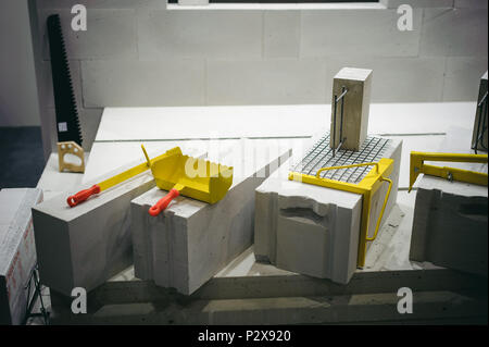 Foam concrete blocks at the exhibition of modern building materials and technologies Stock Photo