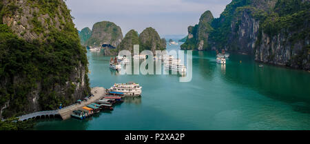 Halong Bay,Vietnam - November 4,2017 : Scenic landscape view of the harbor with cruises in Halong Bay from Surprise Cave (Sung Sot Cave),Vietnam. Stock Photo