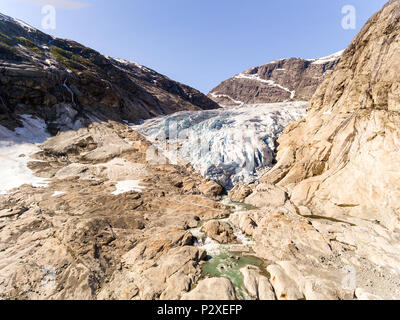 Aerial drone of Nigardsbreen glacier in Nigardsvatnet Jostedalsbreen national park in Norway in a sunny day Stock Photo