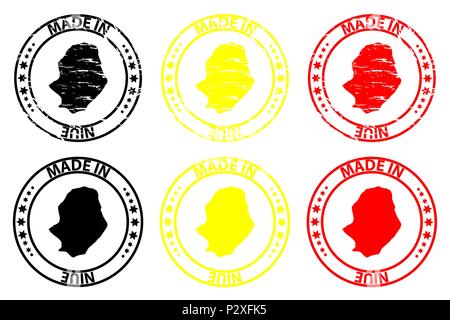 Made in Niue - rubber stamp - vector, Niue map pattern - black, yellow and red Stock Vector