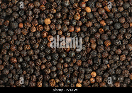 Detail macro of heap of dried black pepper (Piper nigrum) peppercorns. Stock Photo