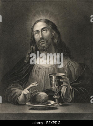 Jesus Christ, blessing the bread, 19th Century Portrait Stock Photo