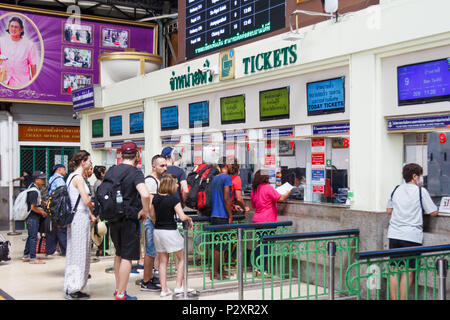 Bangkok, Thailand-19th March 2018: Passengers queuing for tickets, Hua Lamphong station. This is the main railway station. Stock Photo