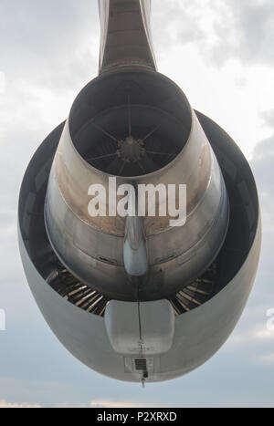 View of one of the four Pratt and Whitney F117-PW-100 engines of a U.S. Air Force C-17 Globemaster III, parked on the runway of Chièvres Air Base, in Chièvres, Belgium, August 10, 2016. (U.S. Army photo by Visual Information Specialist Pierre-Etienne Courtejoie) Stock Photo