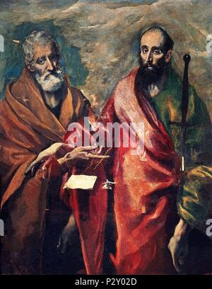 Spanish school. St. Paul and St. Peter. San Pablo y San Pedro. Barcelona, National Art Museum of Catalonia. Author: El Greco (1541-1614). Location: MUSEU NACIONAL D'ART CATALUNYA, BARCELONA, SPAIN. Stock Photo