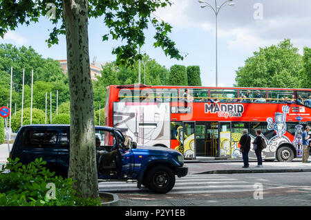 Madrid, Spain, 9 th June, 2018. A view of  a red touristic  bus in Cibeles square. Stock Photo