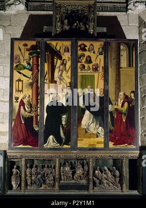 PINTURA EXTERIOR DE LAS PUERTAS DEL RETABLO DE SAN JUAN BAUTISTA - 1492 - ESCUELA FLAMENCA - DETALLE DE LA MISA DE SAN GREGORIO. Author: Quentin Massys (c. 1466-1530) (workshop). Location: IGLESIA DEL SALVADOR, VALLADOLID, SPAIN. Stock Photo