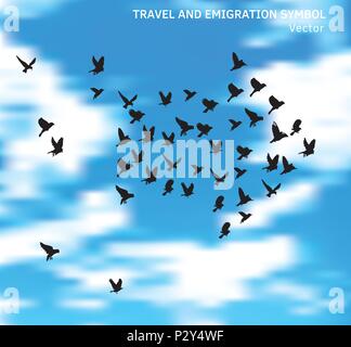 Travel and emigration birds symbol in blue clouds sky. Stock Vector