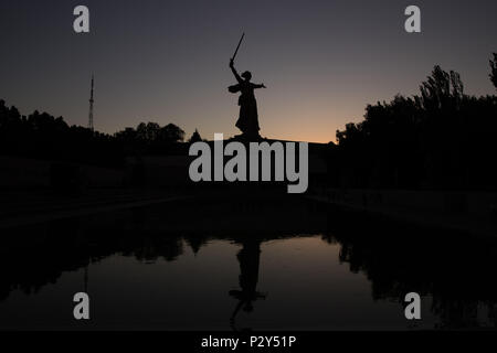 A view of The Motherland Calls, at dusk the centre of the monument-ensemble 'Heroes of the Battle of Stalingrad' on Mamayev Kurgan, in Volgograd, where England's opening World Cup group match against Tunisia will be played during the 2018 FIFA World Cup in, Russia. Stock Photo