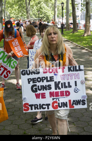 The annual 'Moms Demand Action' Gun Sense In America March over the Brooklyn Bridge in 2018 was joined by 'Youth Over Guns' organization working to stop gun violence in communities of color where kids are killed on an almost daily basis around the USA. Stock Photo