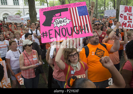 The annual 'Moms Demand Action' Gun Sense In America March over the Brooklyn Bridge in 2018 was joined by 'Youth Over Guns' organization working to stop gun violence in communities of color where kids are killed on an almost daily basis around the USA. Stock Photo