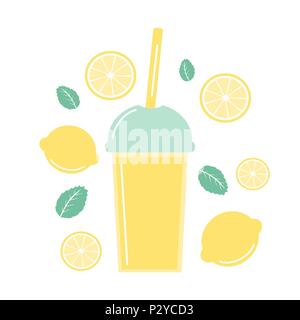 cute fresh lemonade summer set with lemons, mint  and lemon slice Stock Vector