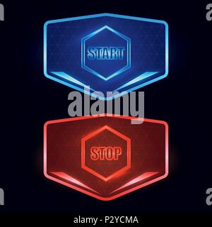 Futuristic blue start and red stop buttons for the technological user interface. Digital vector illustration Stock Vector
